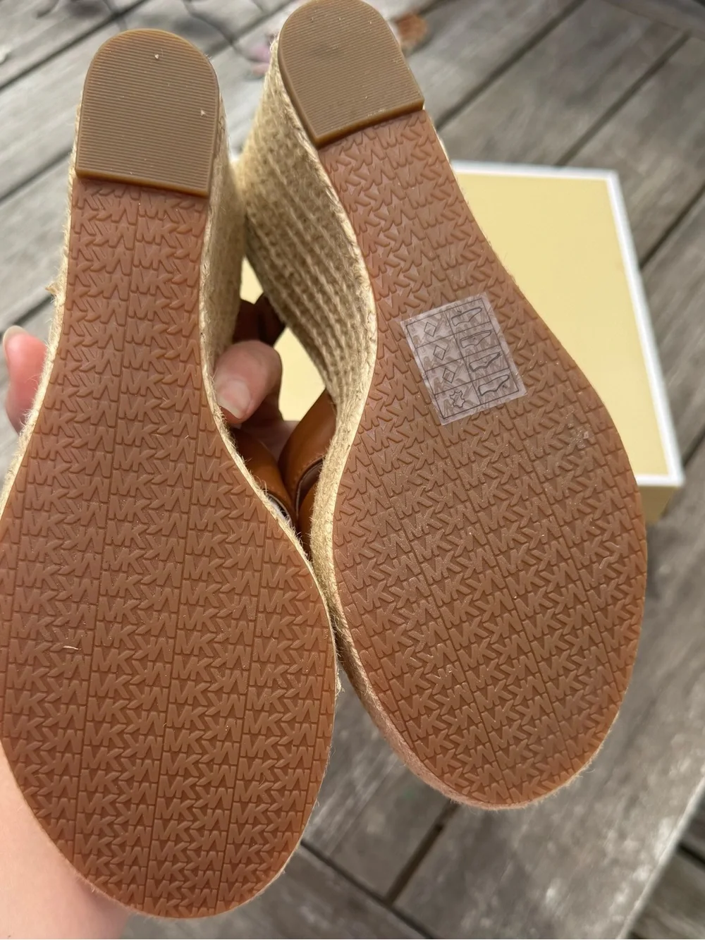 Michael Kors Luggage Brown Leather Espadrille Wedge Sandals with Gold Zip